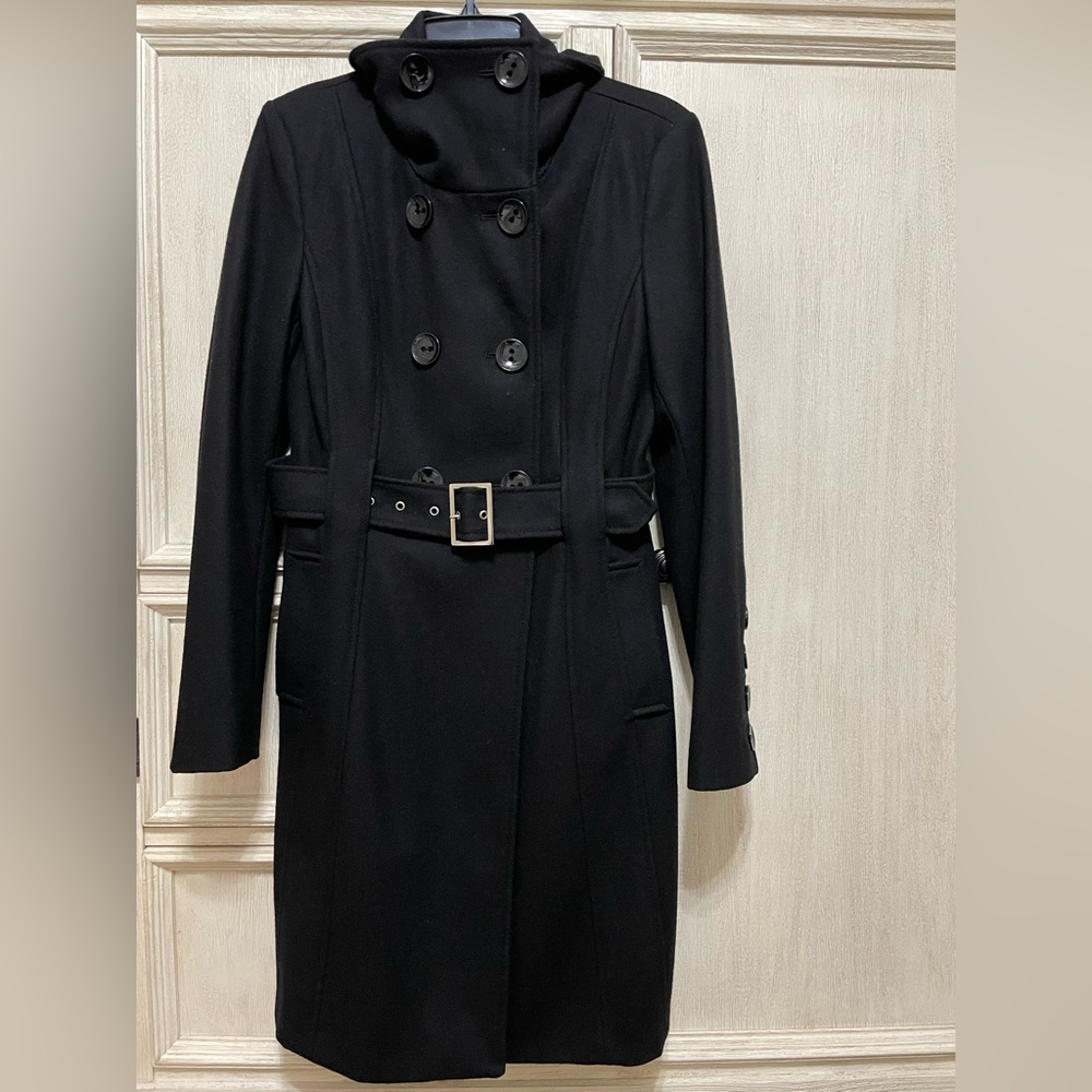 Small Petite Signature/Studio Black Wool/Laine Polyester Belt Coat